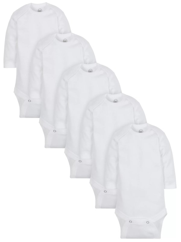 Baby Boy or Girl Unisex White Long Sleeve Bodysuits, 5-Pack (Newborn-24M)