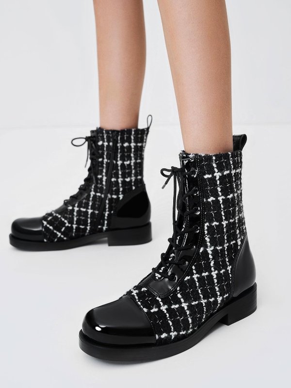 Black Textured Tweed & Patent Combat Boots | CHARLES & KEITH