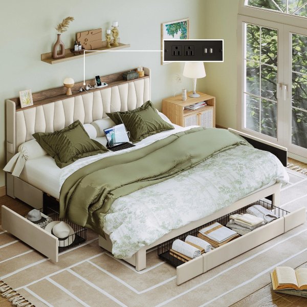 Upholstered Bed Frame with 3 Drawers, Bed with Storage Headboard and Charging Station