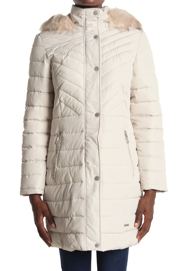Faux Fur Trimmed Removable Hooded Satin Quilted Puffer Jacket