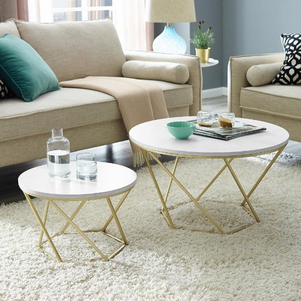 Modern Nesting Coffee Table Set - White Marble/Gold
