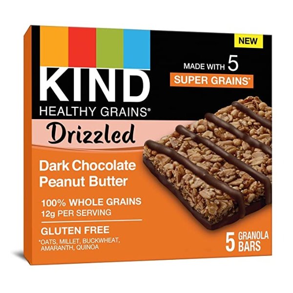 Healthy Grains Bars Drizzled, Dark Chocolate Peanut Butter, Gluten Free, 1.2 Oz, (8 Pack), 40Count