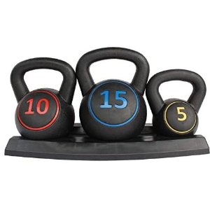 HooKung 3-Piece Kettlebell for Home Gym and Home Workouts Exercise Fitness Weight Set w/ 5lb, 10lb, 15lb Weights, Base Rack