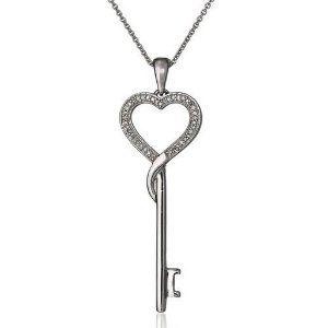 Lightning deal-Sterling Silver and Diamond Heart Key Necklace (1/10 cttw), 18&quot