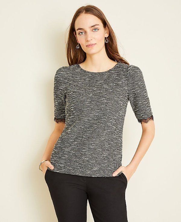 Boucle Lace Trim Puff Sleeve Top | Ann Taylor