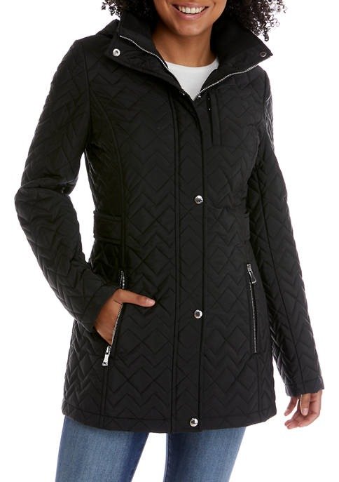 Hooded Tab Waist Quilted Jacket