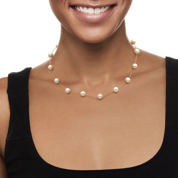 8-8.5mm cultured pearl station necklace in 14kt yellow gold