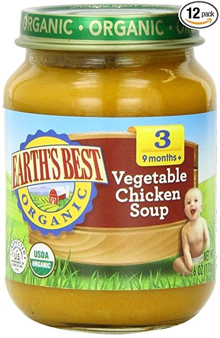 Earth's Best Organic Stage 3 Baby Food, Vegetable & Chicken Soup Dinner, Non GMO Ingredients, 4 grams of Protein, 6 Oz Jars (Pack of 12)