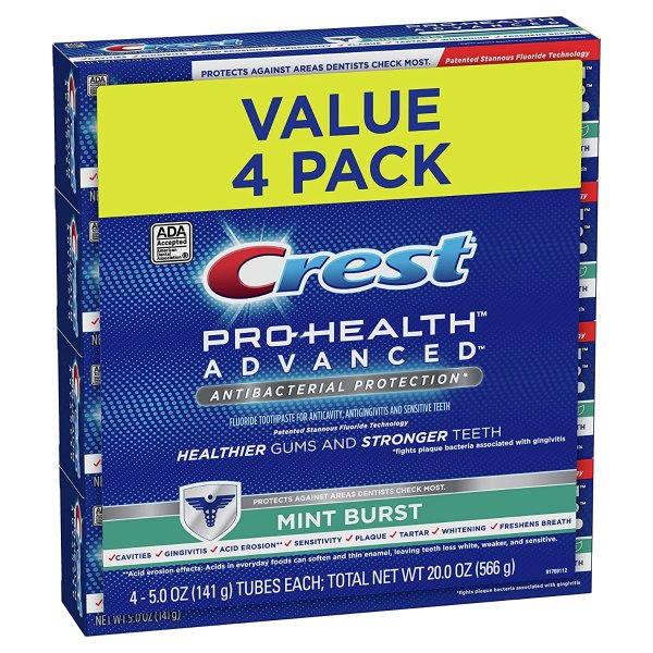 Pro-Health Advanced Antibacterial Protection Toothpaste, Mint Burst, 5oz (Pack of 4)