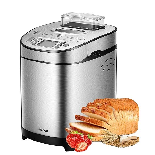 2LB Stainless Steel Bread Machine with Gluten-Free Setting, Fruit Nut Dispenser, Large LCD display, Nonstick Pan, 3 Crust Colors & Keep Warm Set, Recipes