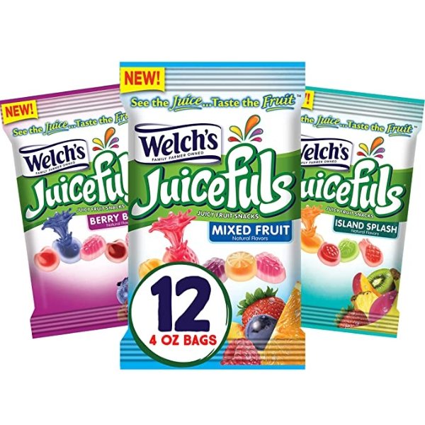 Welch's Juicefuls Juicy Fruit Snacks, Mixed Fruit, Berry Blast & Island Splash Fruit Gushers Variety Pack, Gluten Free, 4 oz Individual Single Serve Bags (Pack of 12)