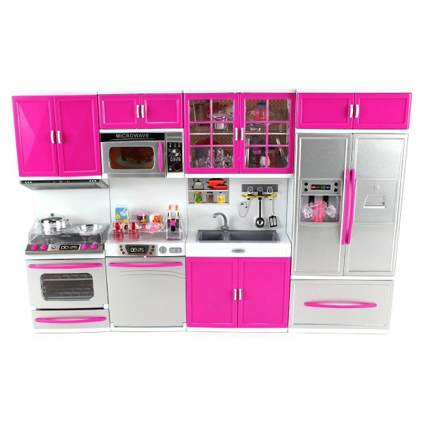 My Modern Kitchen Full Deluxe Kit Battery Operated Kitchen Playset : Refrigerator, Stove, Sink, Microwave - Pink