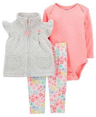 Baby Girls Quilted Little Vest Set, 3 Pieces