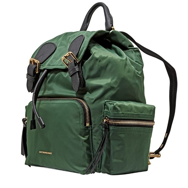 The Medium Rucksack in Technical Nylon and Leather- Racing Green