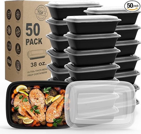 Meal Prep Containers, 50Pack [38OZ] Food Storage Containers With Lids, Reusable Food Prep Containers, To Go Containers, BPA-free, Stackable, Microwave/Dishwasher/Freezer Safe