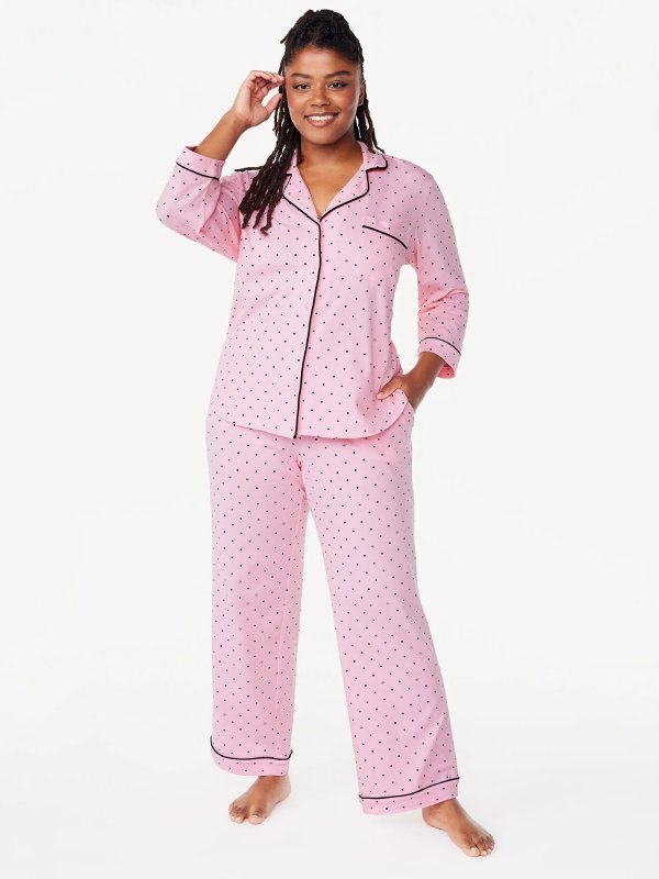 Women’s Cotton Blend Notch Collar Top and Pants Pajama Set, 2-Piece, Sizes S to 4X