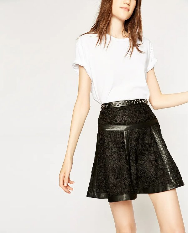 Lace and leather black skirt