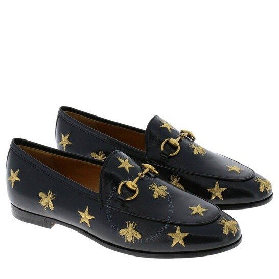 Jordaan Embroidered Bee Stars Black Leather Loafers