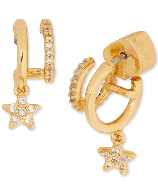 Gold-Tone Pave Star Charm Double-Row Huggie Hoop Earrings