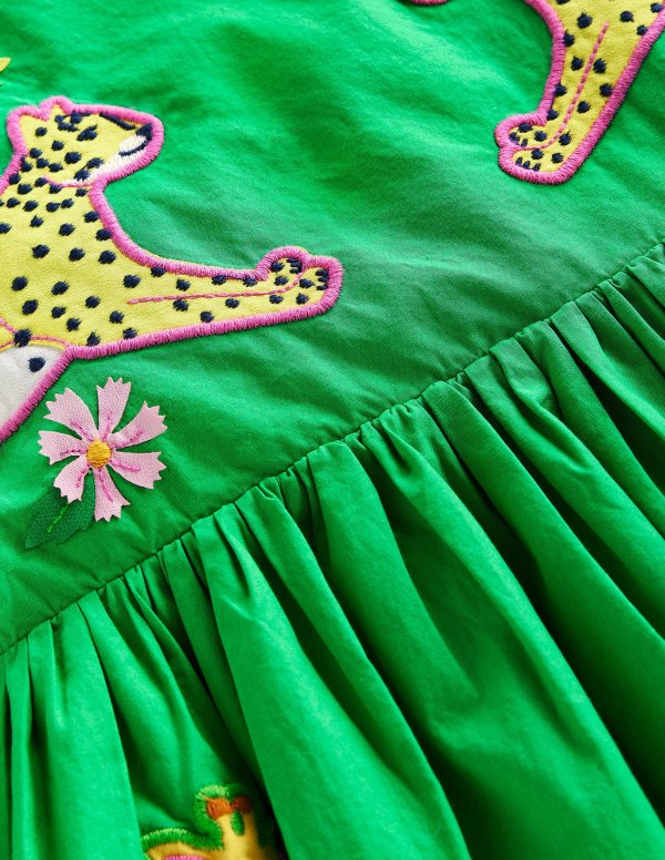 Applique Cotton DressSapling Green Safari Animals