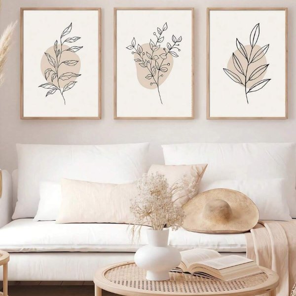 Set of 3 Bohemian Aesthetic Botanical Canvas Painting Boho Plant Leaf Scandinavian Inspired Art Poster Print Minimalist Modern Wall Picture for Living Room,Bedroom,Office Room,Home Decoration,Frameless