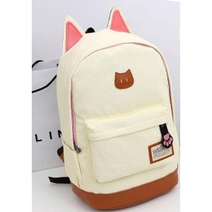 Moolecole Leather & Canvas Backpack School Bag Laptop Backpack with Cat's Ears Design