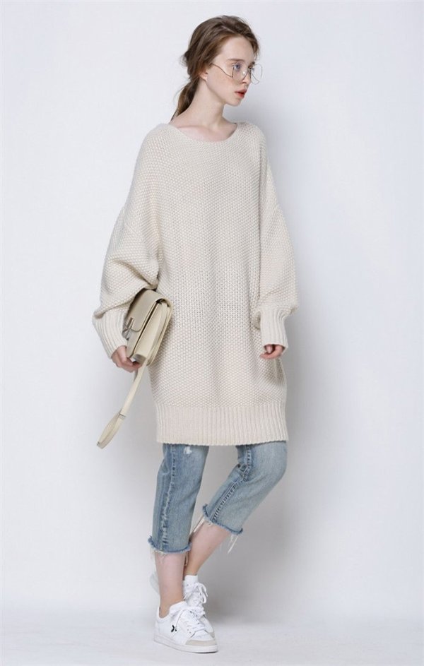 CREAM CREWNECK OVERSIZED SHIFT DAY-BY-DAY CREME DRESS CRTP0083