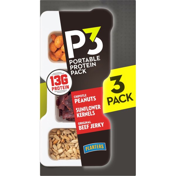 P3 Portable Protein Snack Pack with Chipotle Peanuts, Sunflower Kernels & Original Beef Jerky, 3 ct Box, 1.8 oz Trays