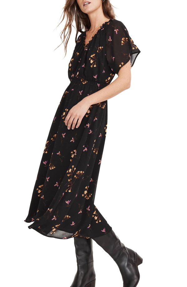 Floral V-Neck Dolman Sleeve Midi Dress