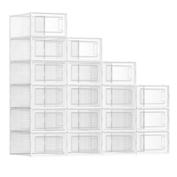 Shoe Boxes, Set of 18 Shoe Storage Organizers, Stackable and Foldable for Sneakers, Fit up to US Size 11, Transparent and White ULSP18SWT