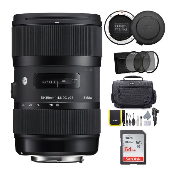 18-35mm f/1.8 DC HSM Art Lens for Canon DSLR Cameras with 64GB SD Card and Accessory Bundle