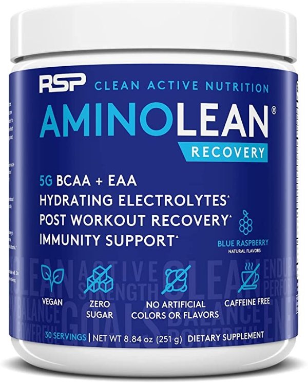 RSP AminoLean Recovery - Post Workout BCAAs Amino Acids Supplement + Electrolytes, BCAAs and EAAs for Hydration Boost, Immunity Support - Muscle Recovery Drink, Vegan Friendly, Blue Raspberry