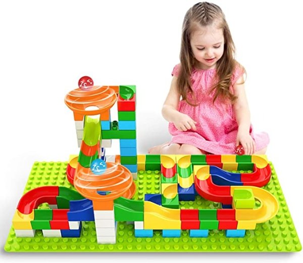 108 PCS Marble Run Upgraded Sets for Kids, Marble Race Track for 3+ Year Old Boys and Girls, Marble Roller Coaster Building Block Construction Toys, Puzzle Maze Set with 4 Marbles Balls