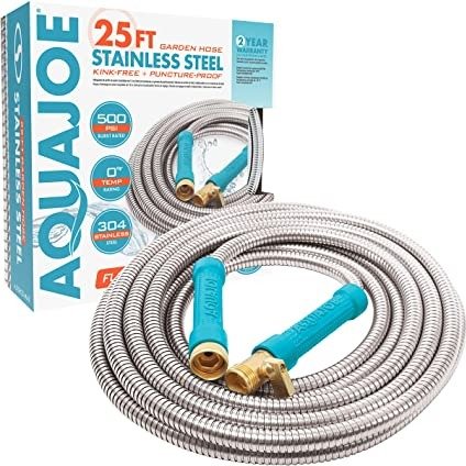 Aqua Joe AJSGH25-MAX 1/2-Inch Heavy-Duty, Puncture Proof, Kink-Free Garden Hose w/ Brass Fitting & On/Off Valve, Spiral Constructed 304-Stainless Steel Metal, 25-Foot