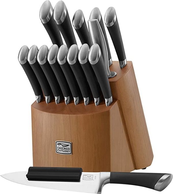 Fusion 17 Piece Kitchen Knife Set with Wooden Storage Block, Cushion-Grip Handles with Stainless Steel Blades that Resists Stains, Rust, and Pitting