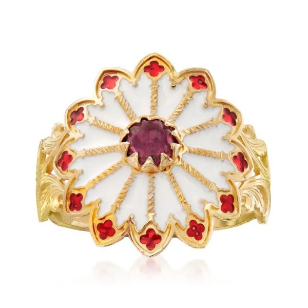 Italian .60 Carat Garnet and Enamel Rose Window-Inspired Ring in 14kt Yellow Gold | Ross-Simons