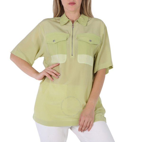 Ladies Mist Green Ilona Zip-front Silk Bowling Shirt