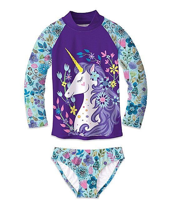 Purple & Turquoise Floral & Unicorn Rashguard Set - Toddler & Girls