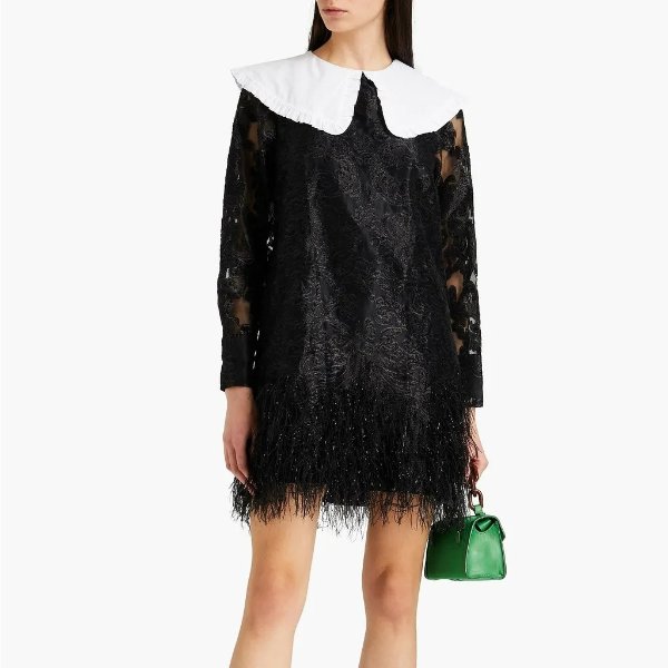 Faux feather-embellished brocade mini dress