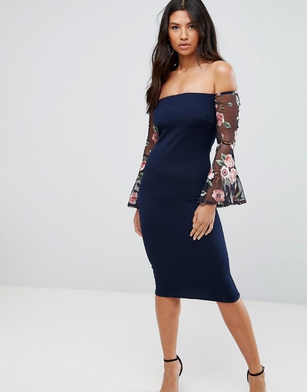 Club L Bardot Detail Dress With Embroidered Sleeves | ASOS