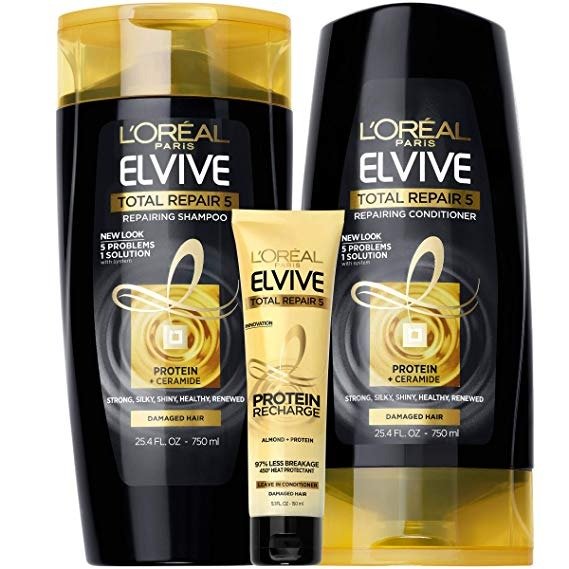 Elvive TR5 Repairing Shampoo, Conditioner and Protein Recharge, for damaged hair, Shampoo and Conditioner with protein and ceramide for strong, silky, shiny, healthy, renewed hair, 1 kit