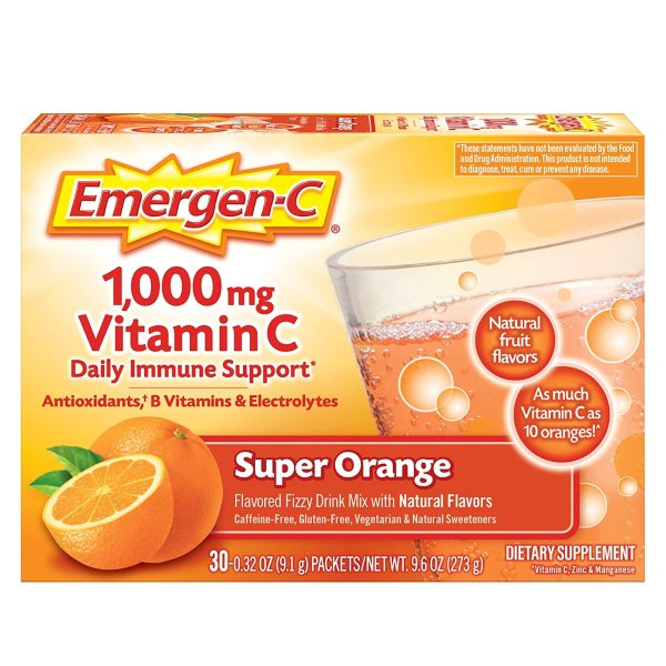 1000mg Vitamin C Powder, with Antioxidants, B Vitamins and Electrolytes, Vitamin C Supplements for Immune Support, Caffeine Free Fizzy Drink Mix, Super Orange Flavor - 30 Count