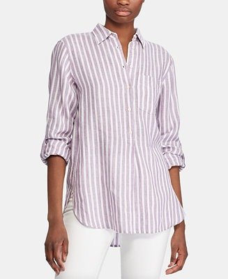 Stripe-Print Long-Sleeve Linen Shirt