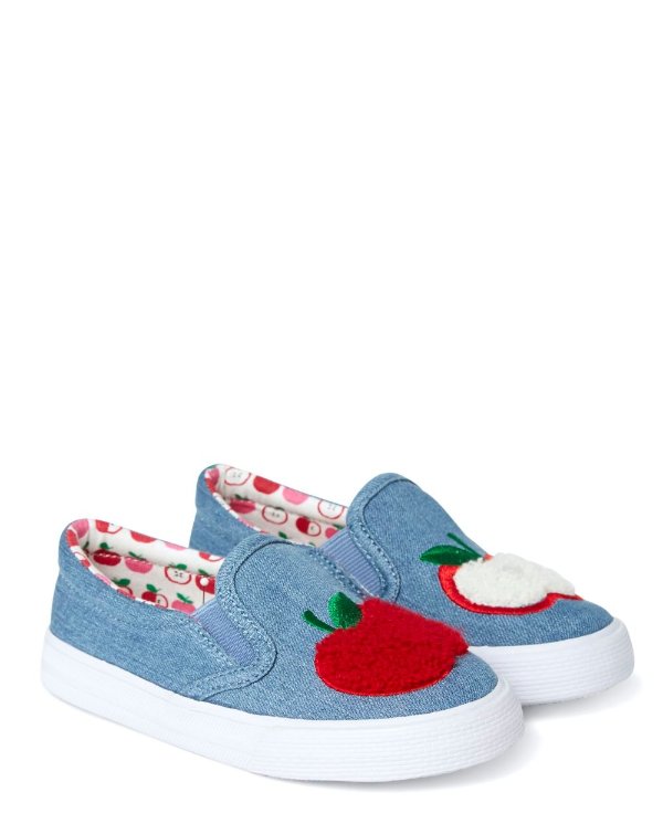 Girls Embroidered Apple Denim Slip On Sneakers - Candy Apple