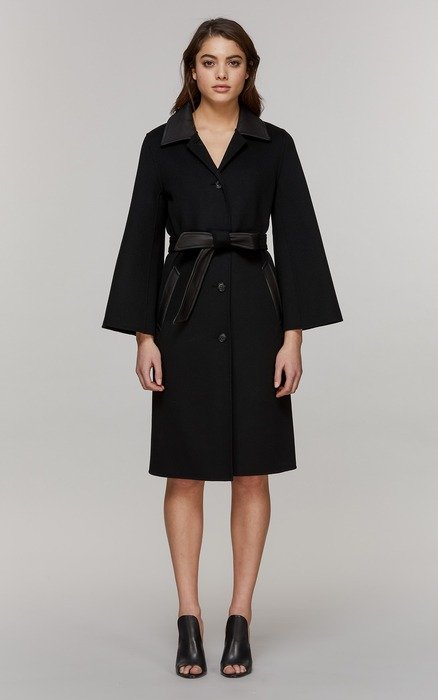 Double-face wool coat with belt and bell sleeve