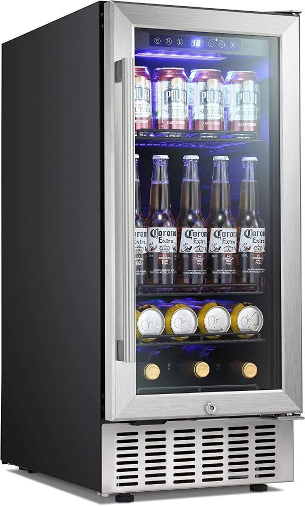 15 Inch Metal Shelves Beverage Refrigerator Buit-in Wine Cooler Mini Fridge Clear Glass Door