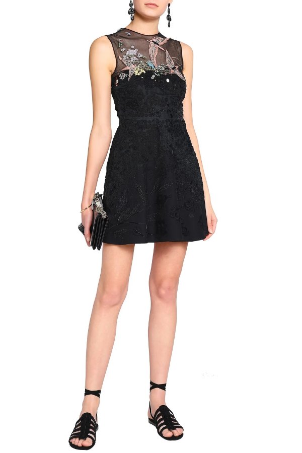 Embellished tulle-paneled wool and silk-blend mini dress