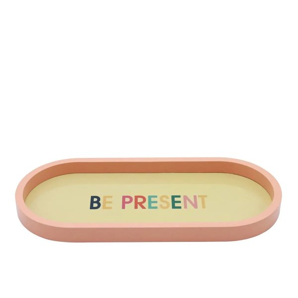 "Be Present" Oblong Glossy Wood Tray