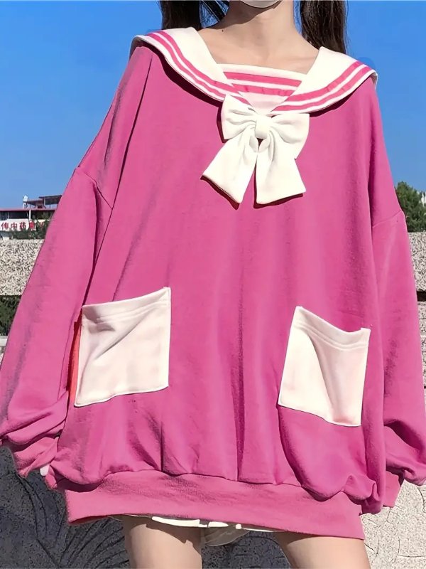 Kawaii Rabbit Ear Sailor Sweatshirt, Cute Bow Tie Drop Shoulder Oversized Cosplay 'JK' Sweatshirt, Women's Clothing
