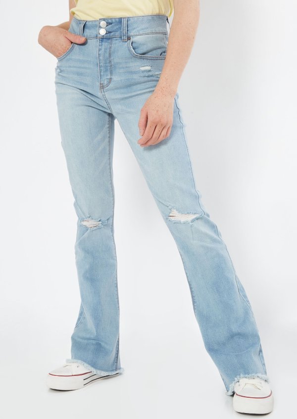 Light Wash High Rise Ripped Knee Frayed Flare Jeans